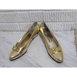 Salvatore Ferragamo Women's 7.5AAAA Metallic Gold Rhinestone Bow Pumps
